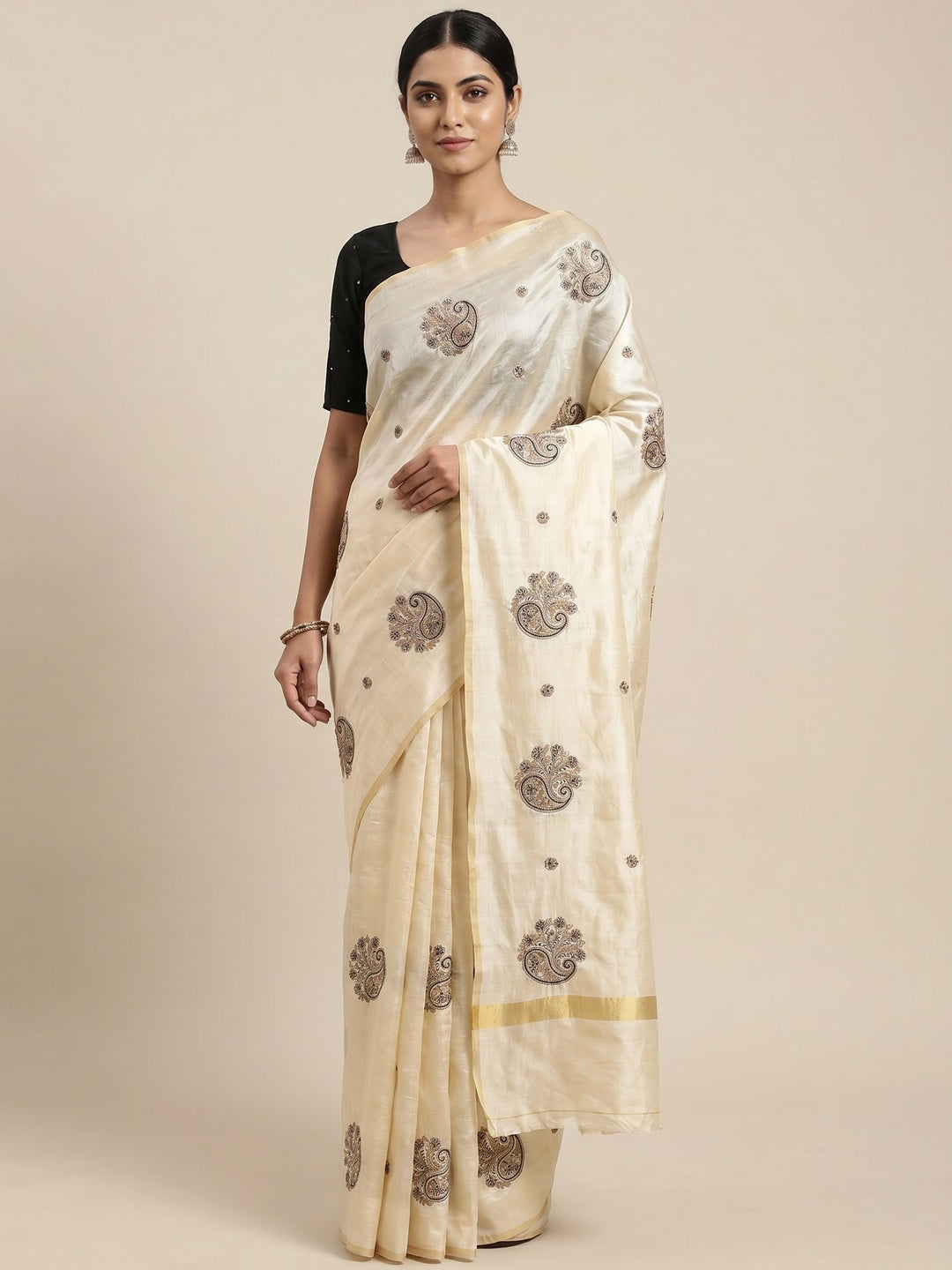 Cream-Black Embroidered Assam Silk Saree - Image 1