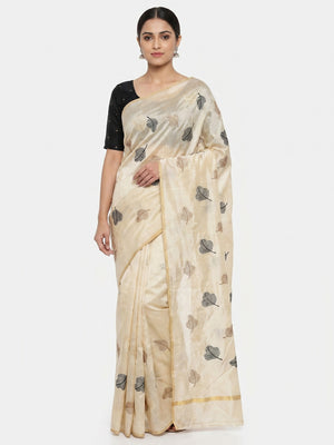 Cream Embroidered Assam Silk Saree - Image 1