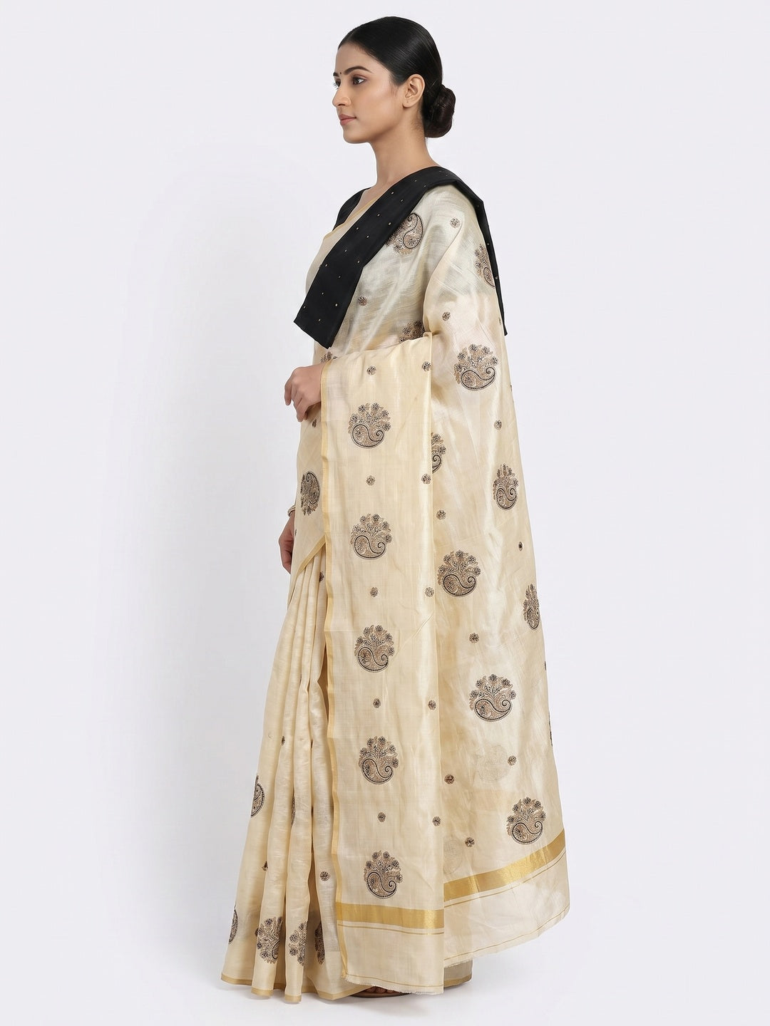 Cream-Black Embroidered Assam Silk Saree - Image 3