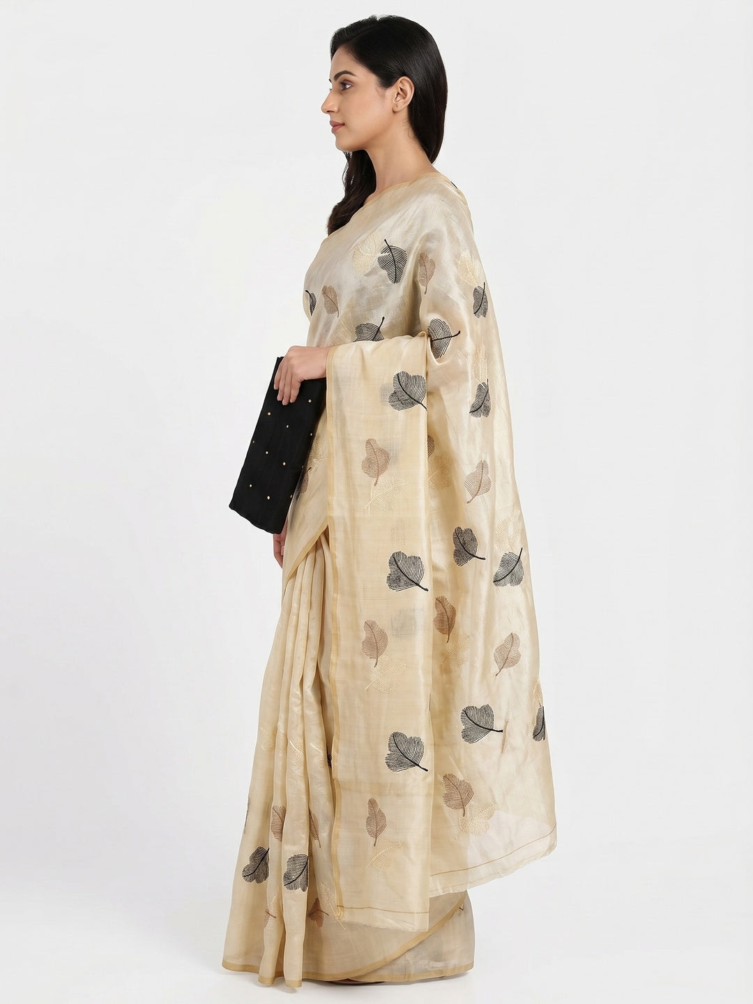 Cream Embroidered Assam Silk Saree - Image 3