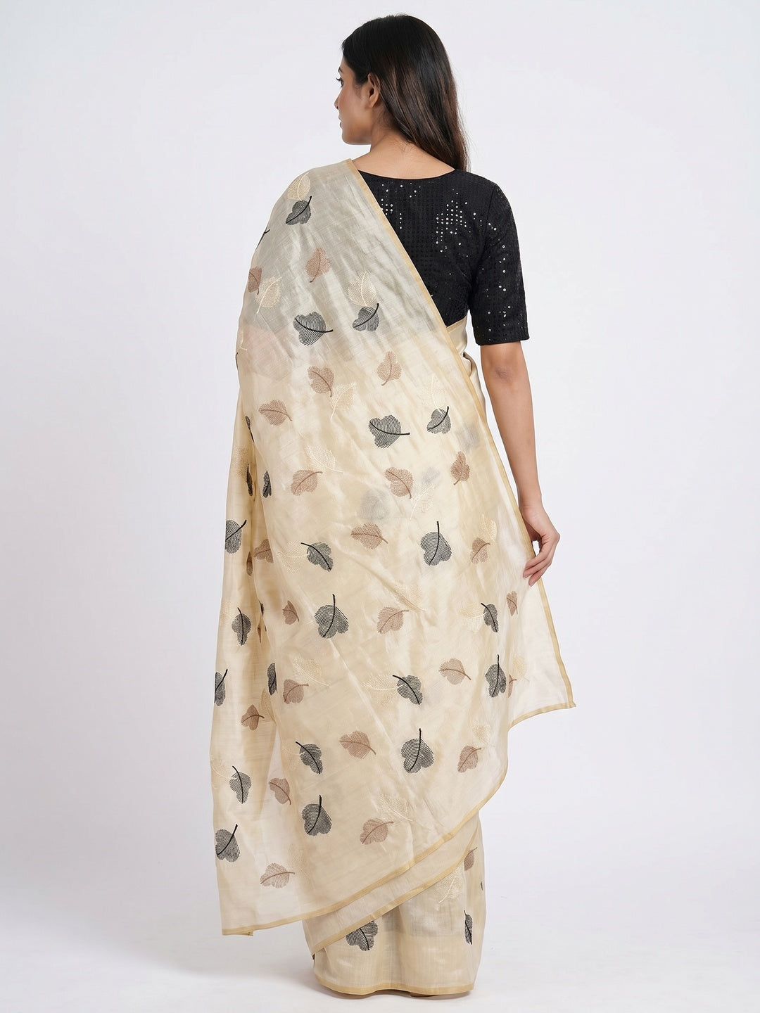 Cream Embroidered Assam Silk Saree - Image 2