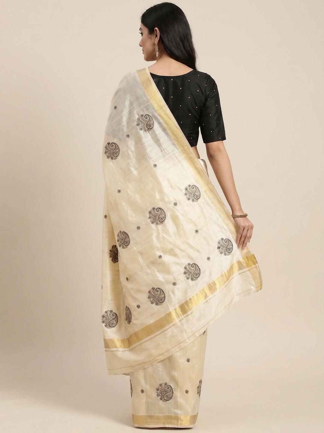 Cream-Black Embroidered Assam Silk Saree - Image 2