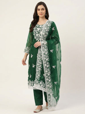 Green Floral Embroidered Organza Dress Material - Image 1