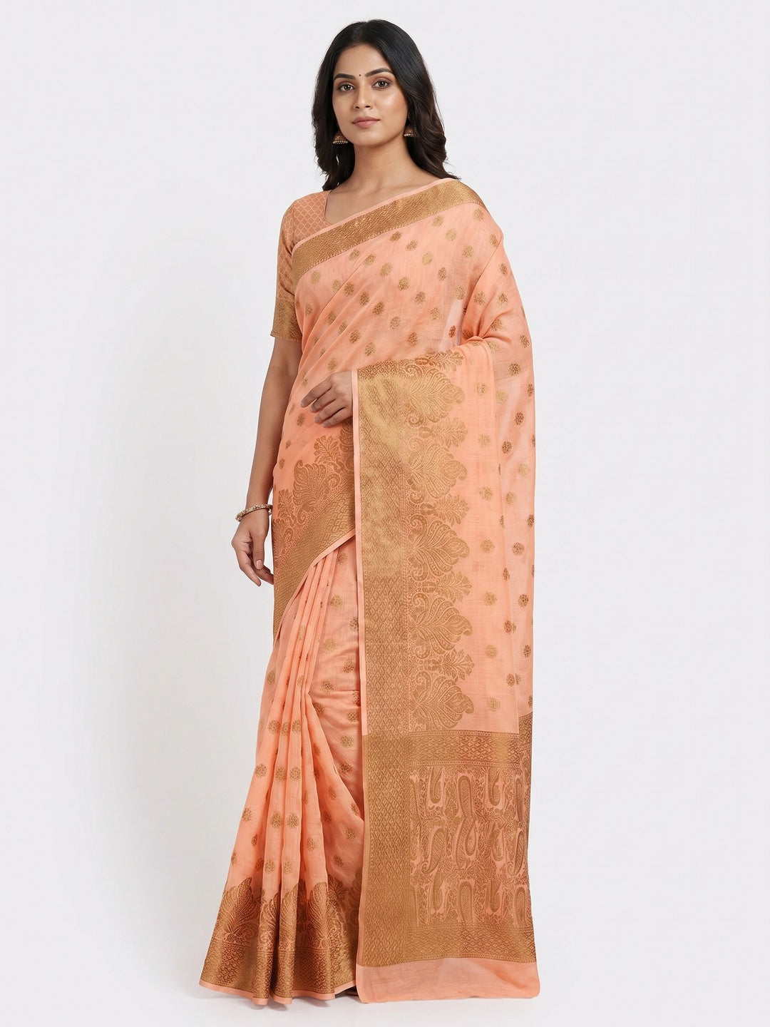 Peach Woven Cotton Blend Saree - Image 1