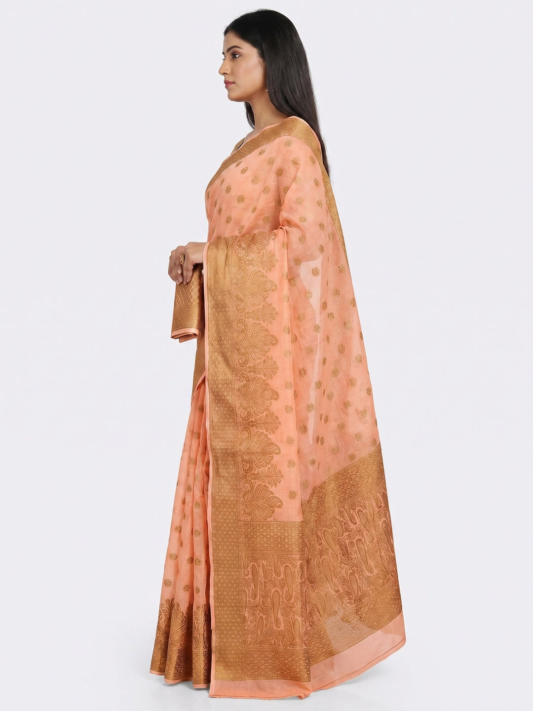 Peach Woven Cotton Blend Saree - Image 2