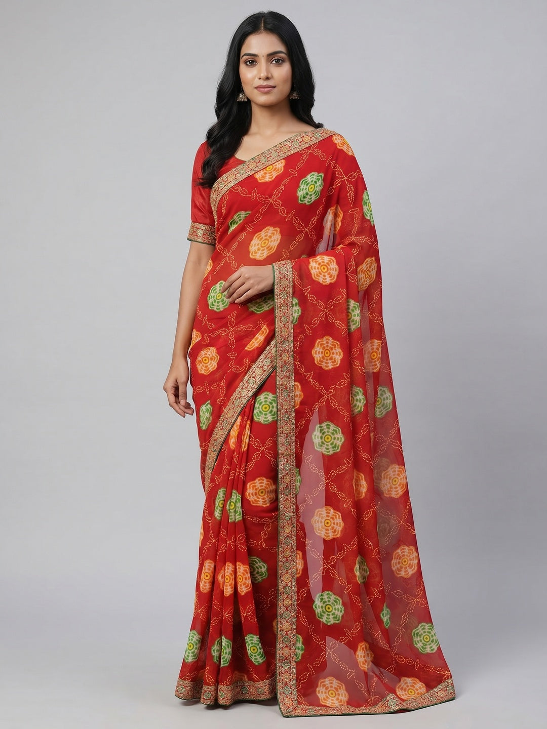 Red Bandhani Printed Georgette Saree - Image 1