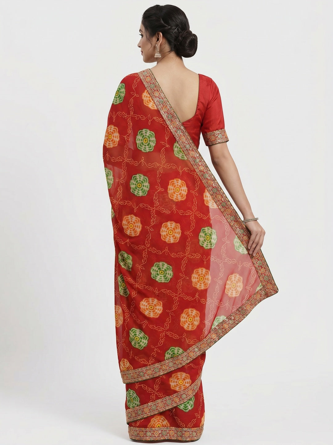 Red Bandhani Printed Georgette Saree - Image 2