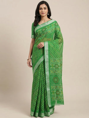 Green Stripes Printed Cotton Blend Saree - Image 1