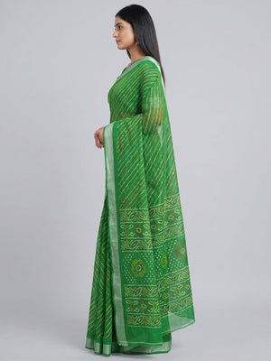 Green Stripes Printed Cotton Blend Saree - Image 2