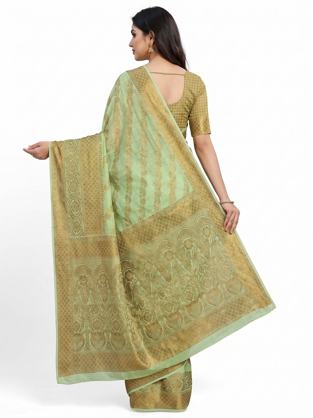 Green Woven Cotton Blend Saree - Image 2