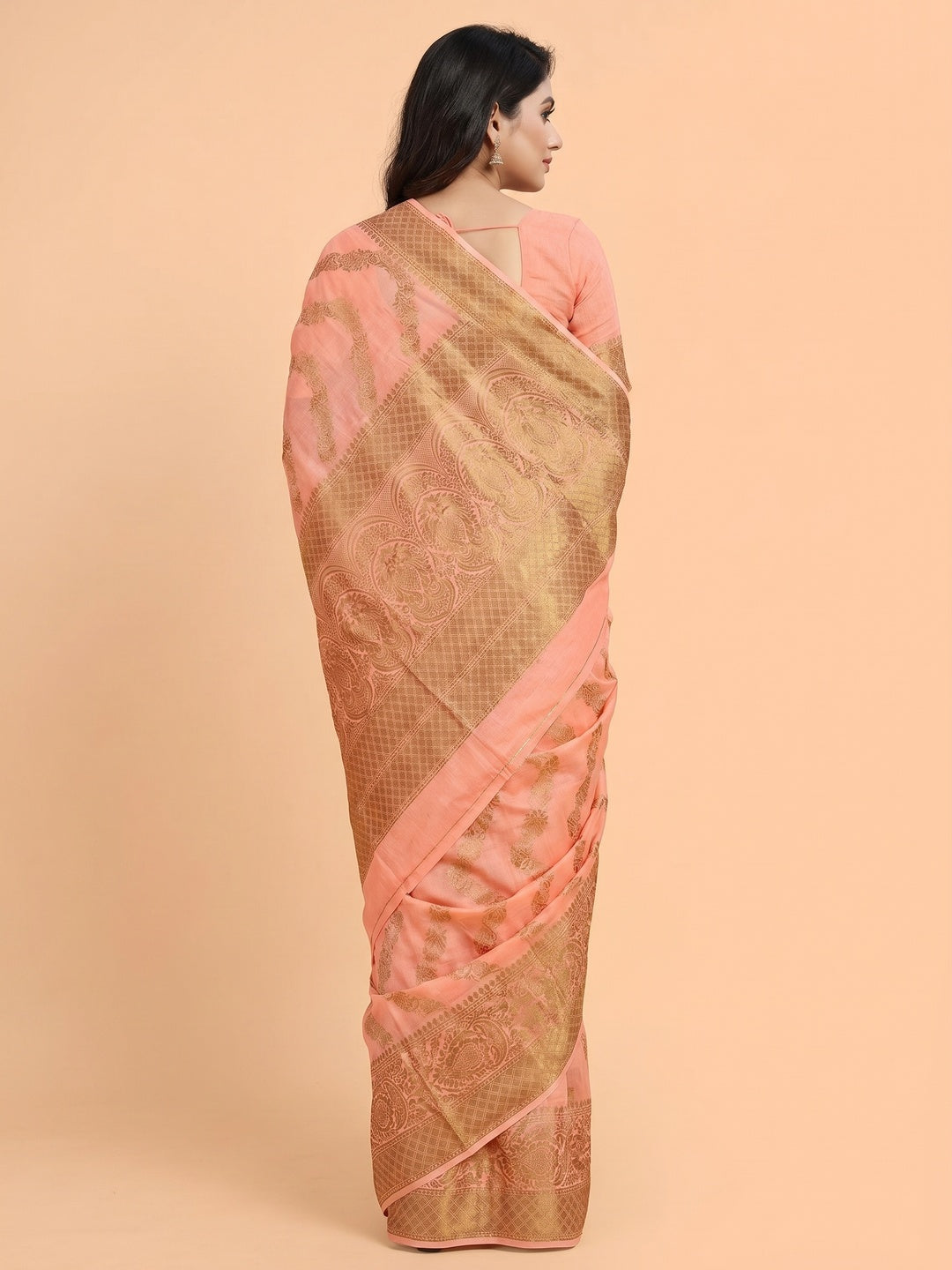 Peach Woven Cotton Blend Saree - Image 2