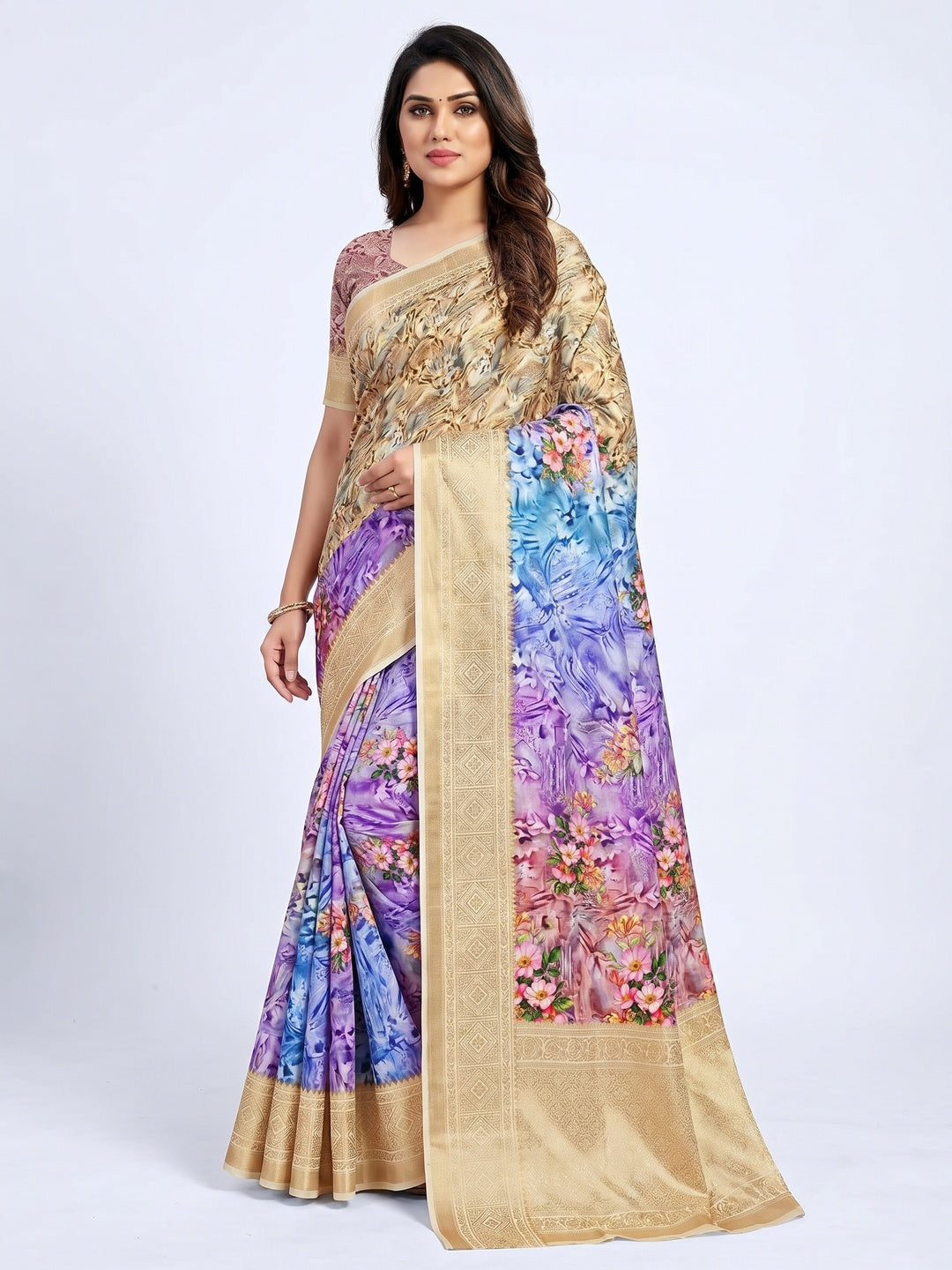 Multicolour Digital Printed Art Silk Saree - Image 1
