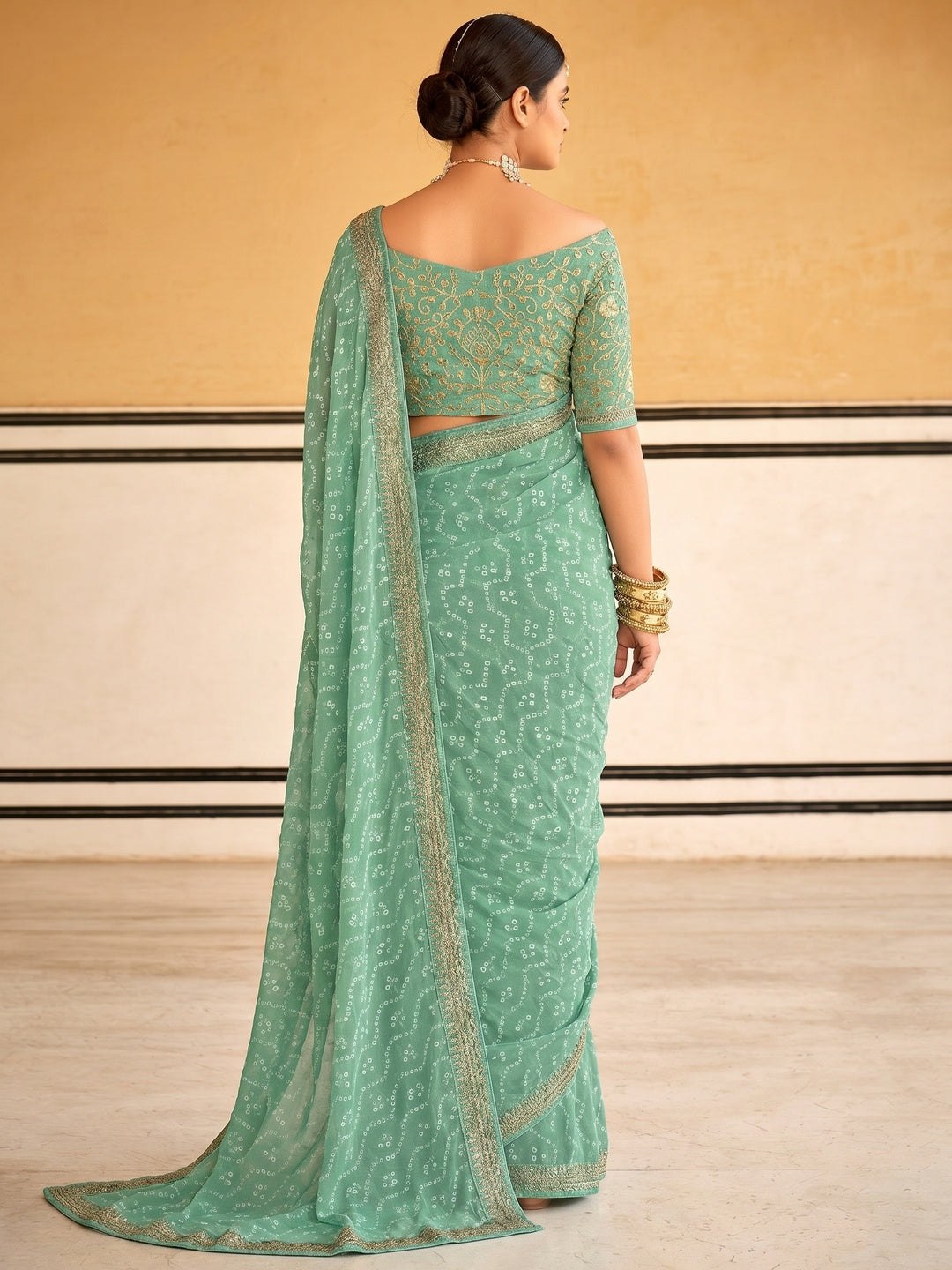 Sea Green Bandhani Printed Georgette Saree - Image 1