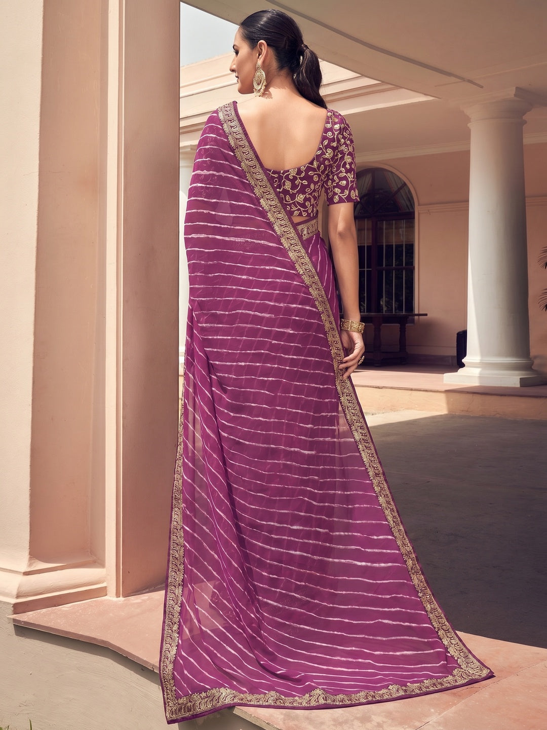 Purple Striped Printed Georgette Saree - Image 1