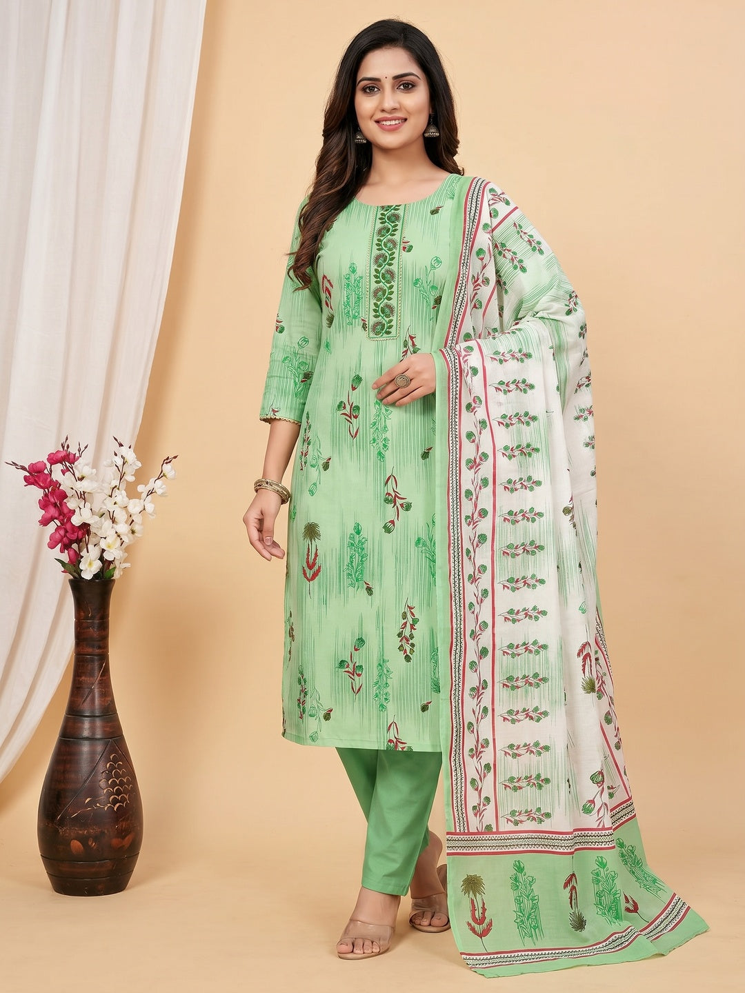 Green Printed Pure Cotton Dress Material - Image 1