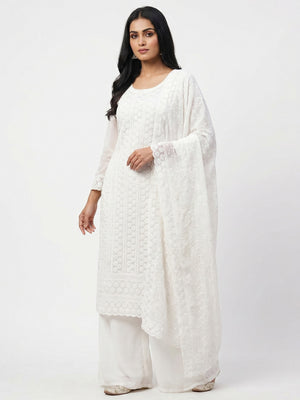 White Lucknowi Embroidered Georgette Dress Material - Image 1