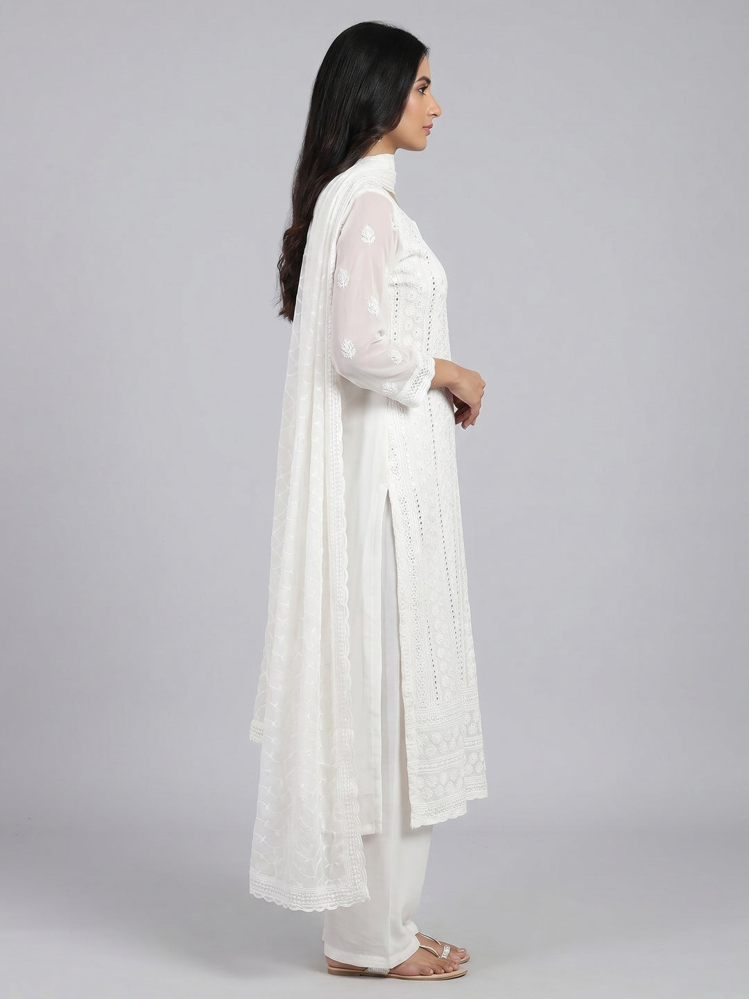White Lucknowi Embroidered Georgette Dress Material - Image 2