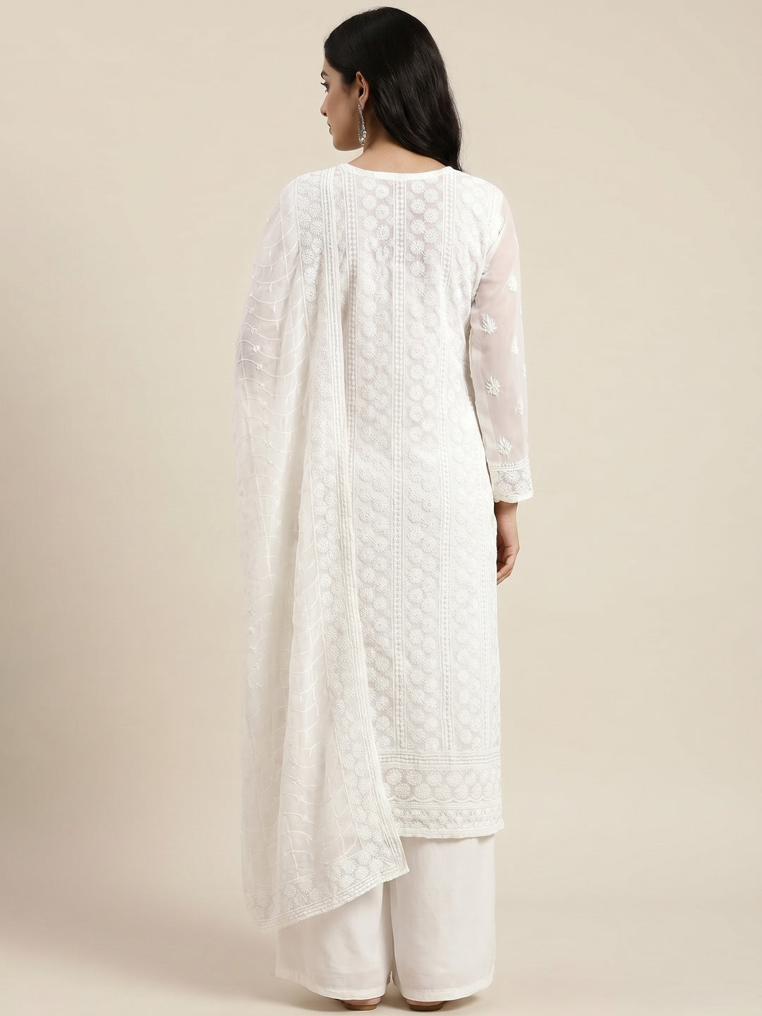 White Lucknowi Embroidered Georgette Dress Material - Image 3