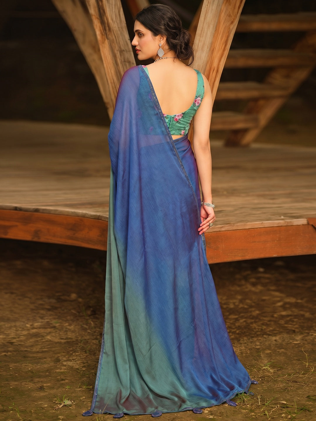 Blue Solid Chiffon Saree - Image 1