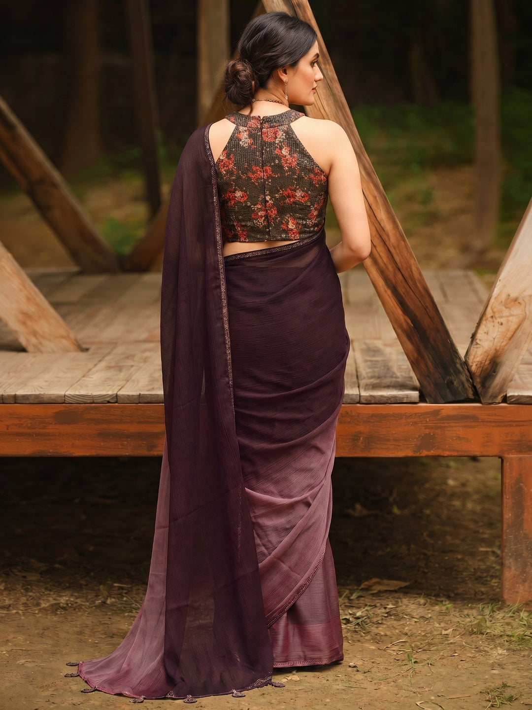 Dark Brown Solid Chiffon Saree - Image 1