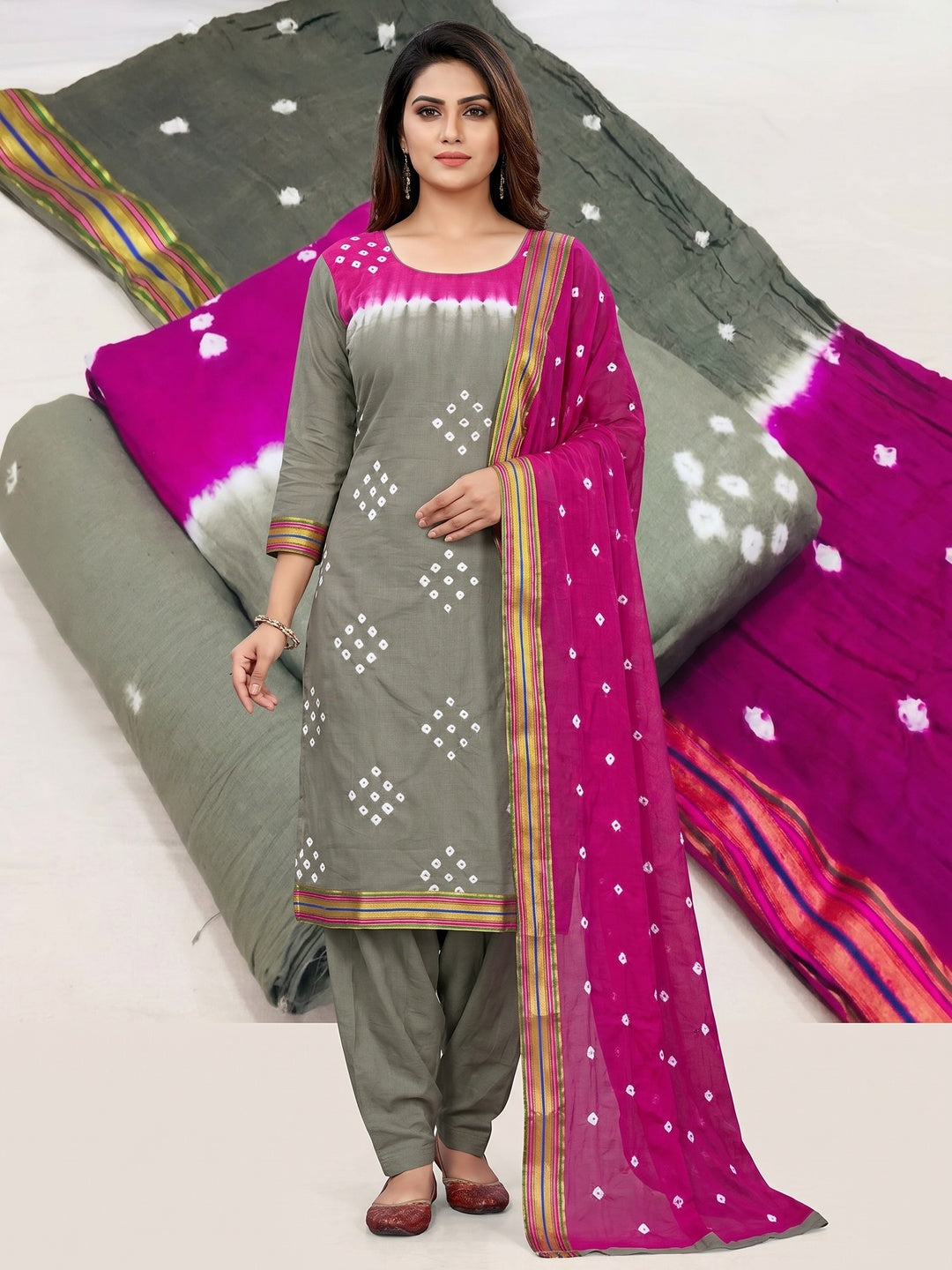 Grey-Pink Bandhani Printed Cotton Blend Dress Material - Image 1