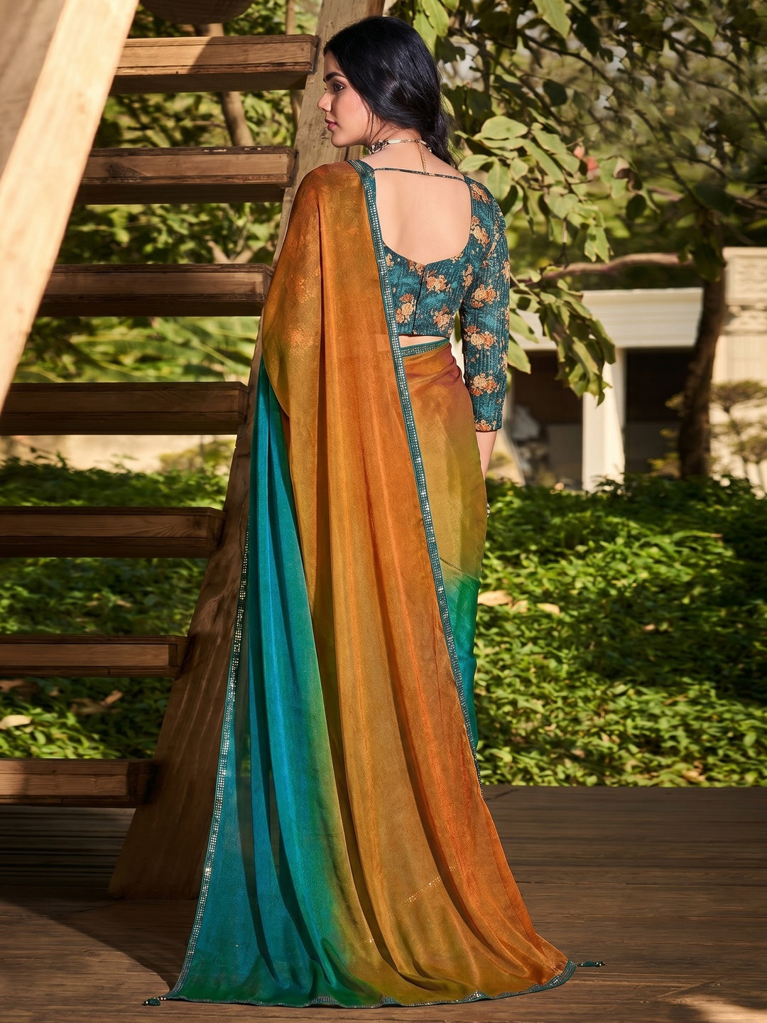 Rust-Rama Blue Solid Chiffon Saree - Image 1