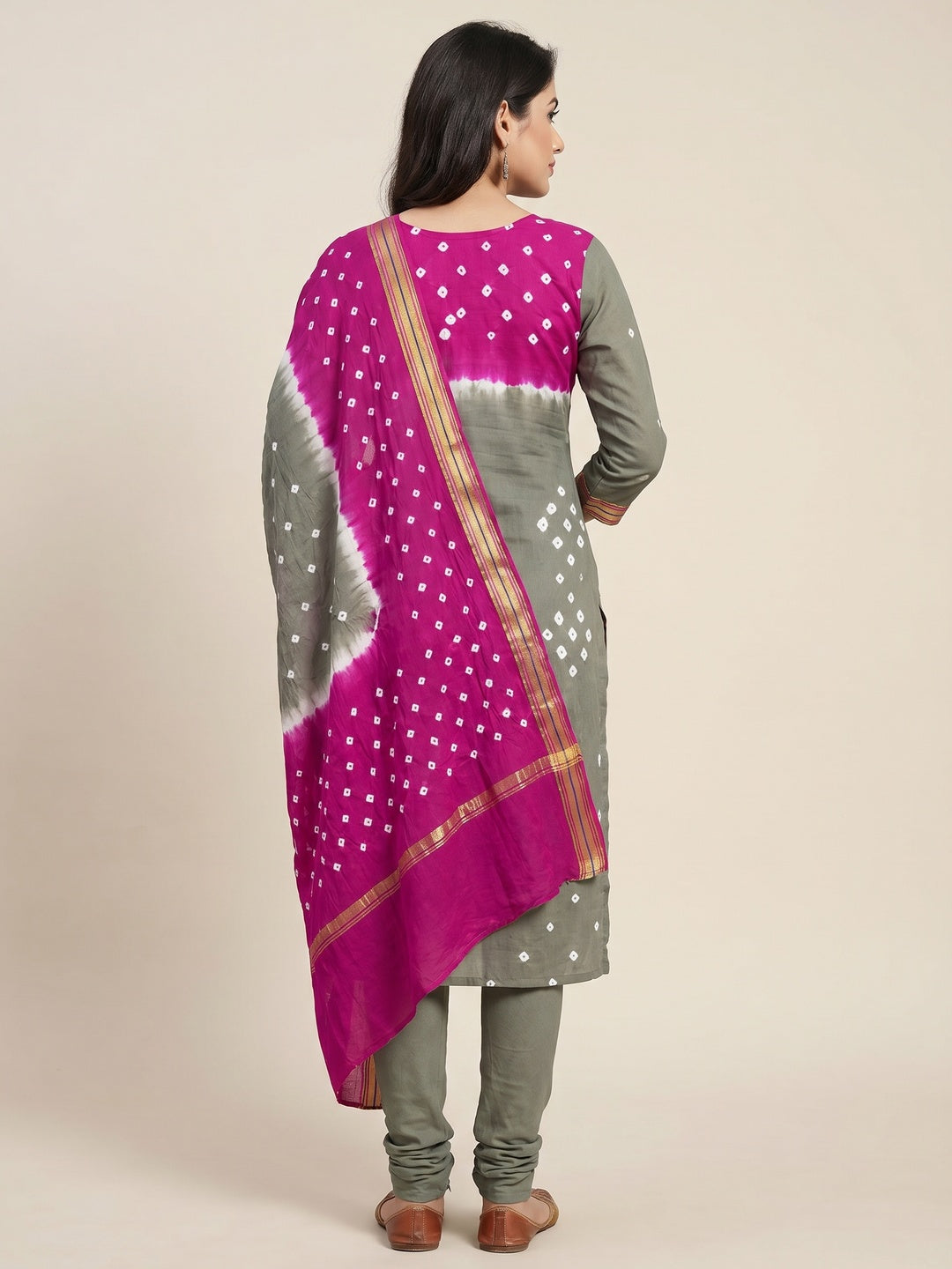 Grey-Pink Bandhani Printed Cotton Blend Dress Material - Image 2