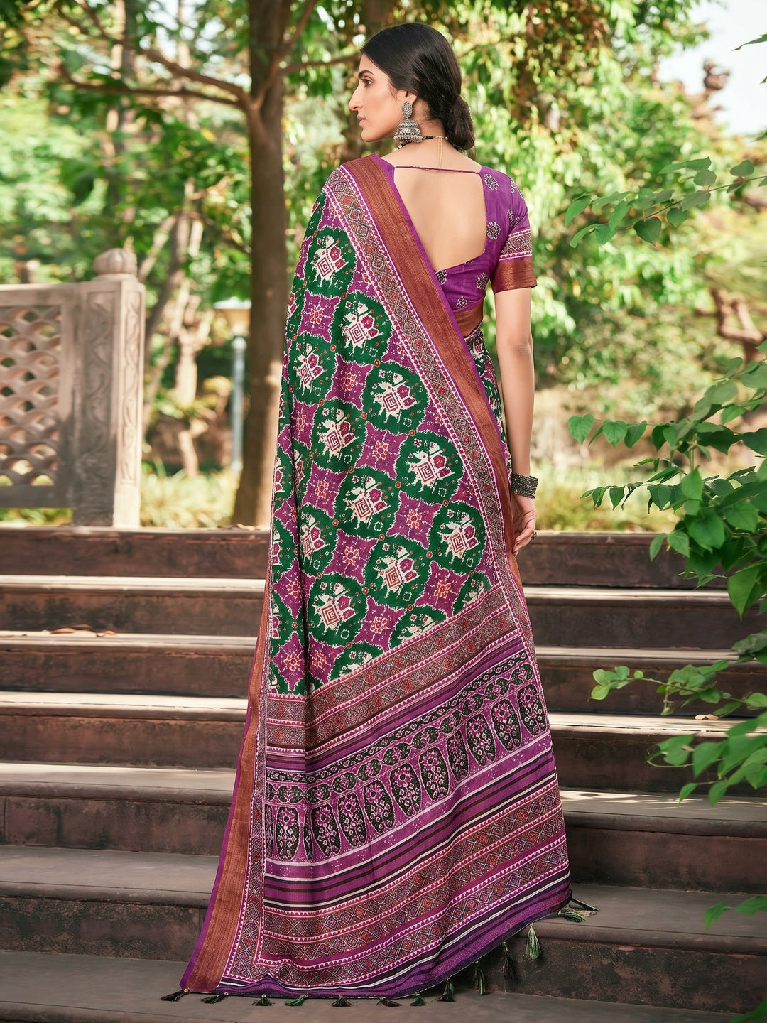 Green-Purple Patola Printed Cotton Silk Saree With Tassels - Image 1