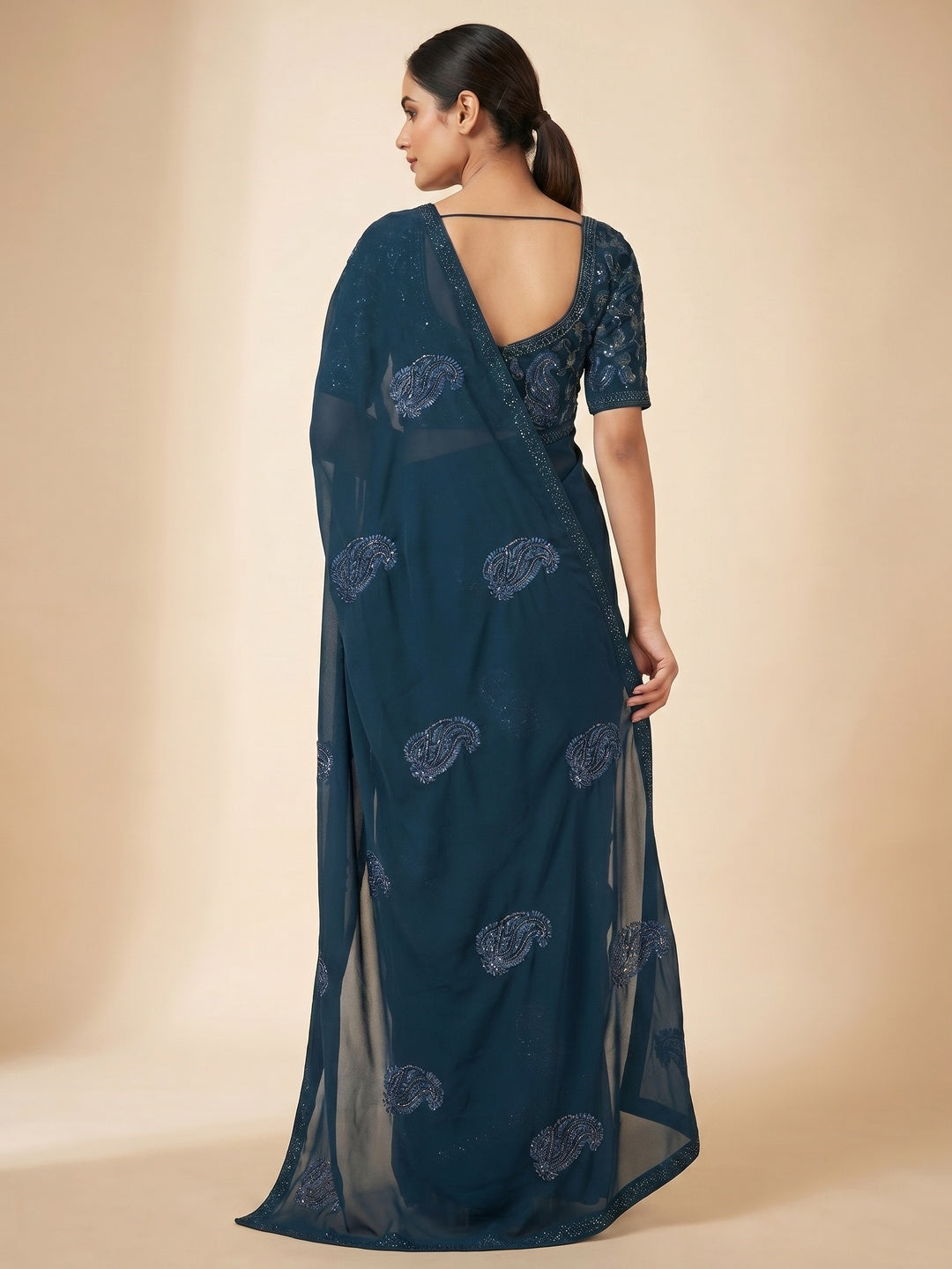 Blue Embroidered With Embellished Georgette Saree - Image 3