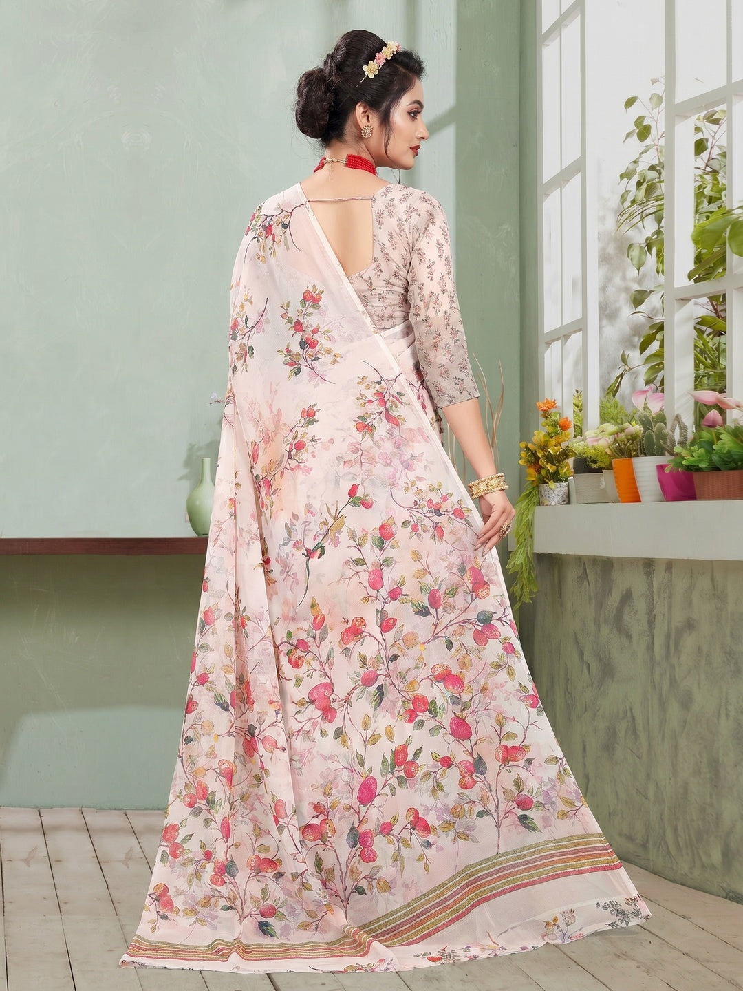 Light Pink Digital Printed Georgette Saree - Image 1