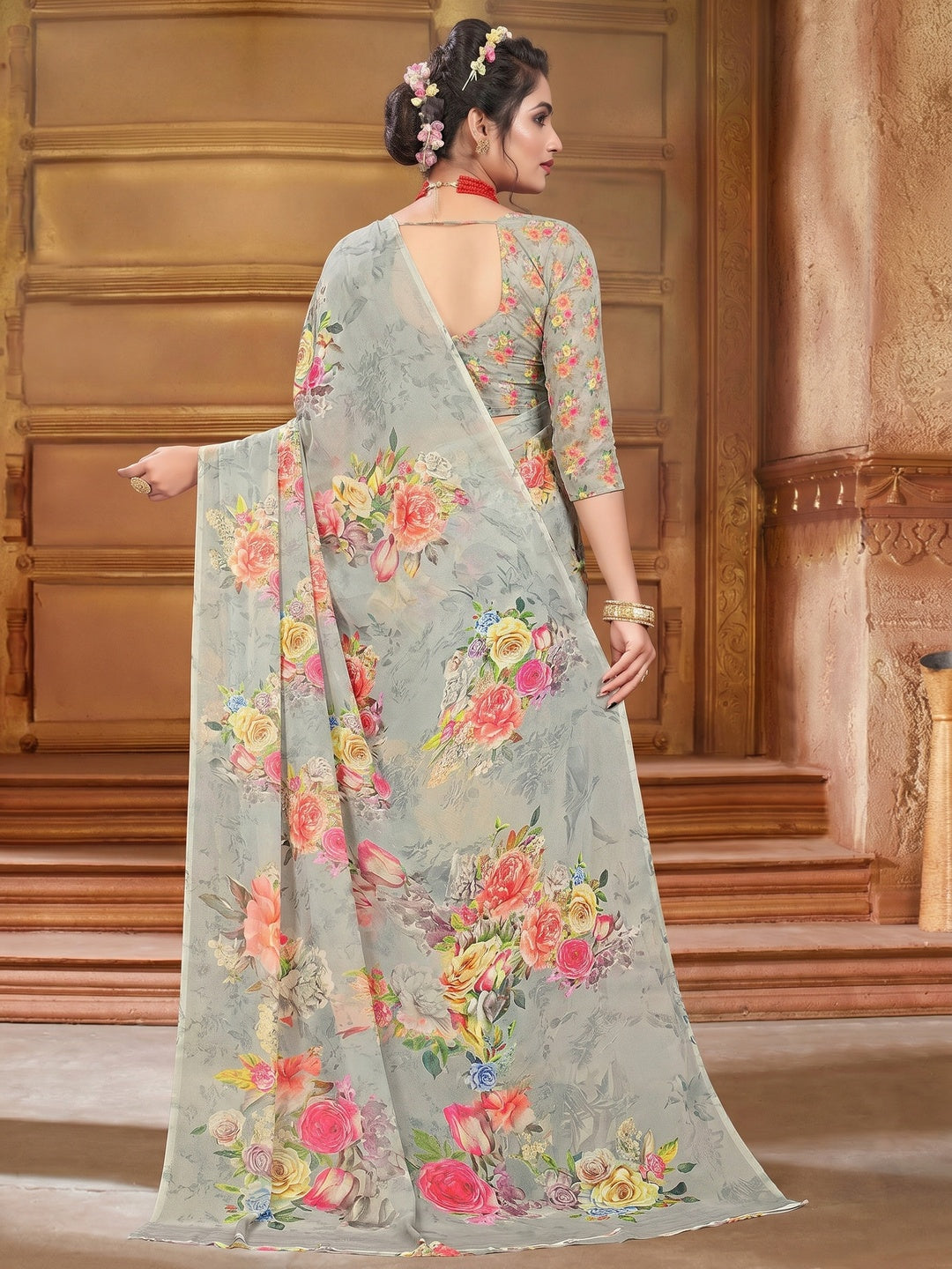 Grey Digital Printed Georgette Saree - Image 1