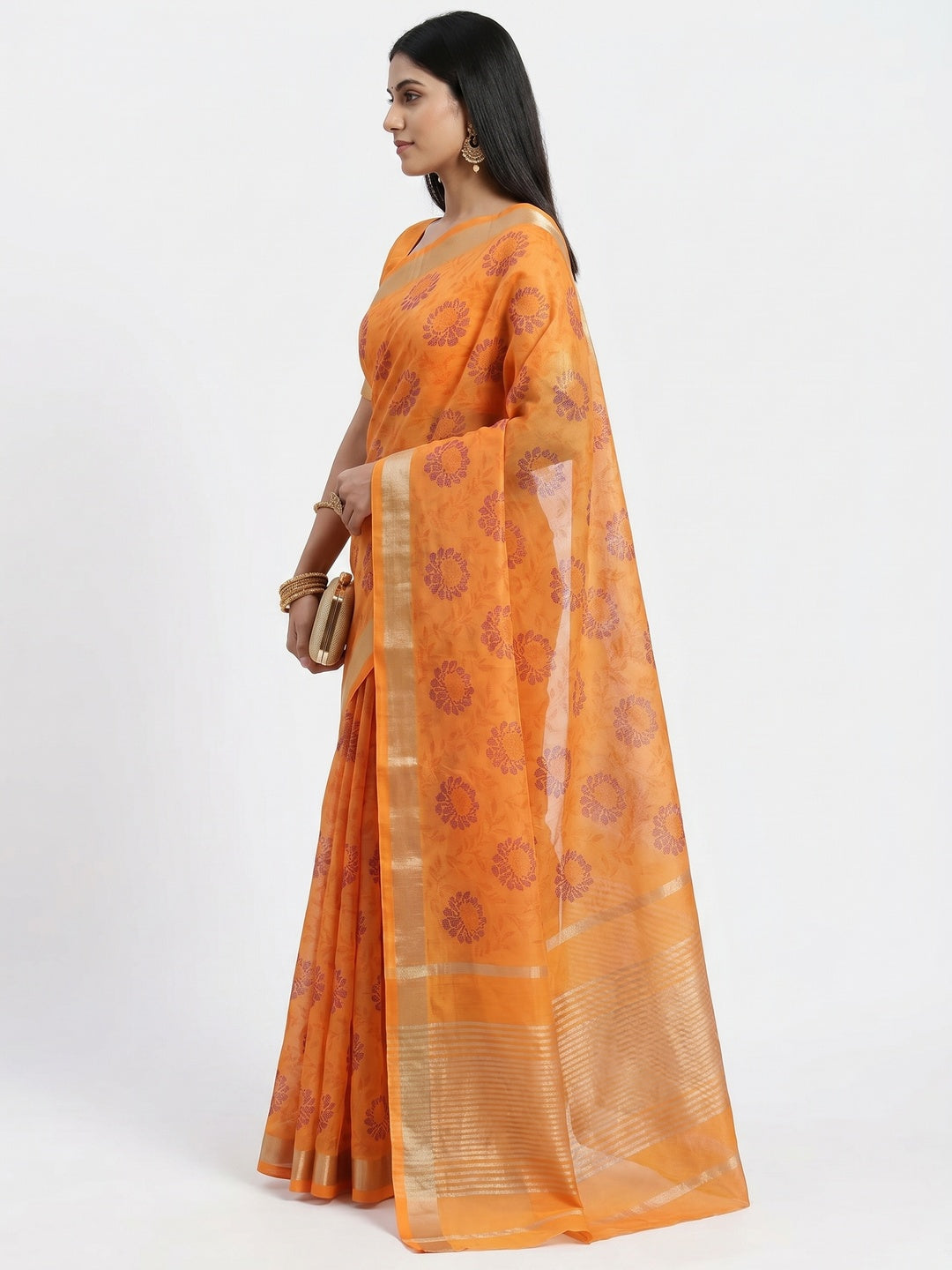 Orange Floral Block Printed Chanderi Saree - Image 3