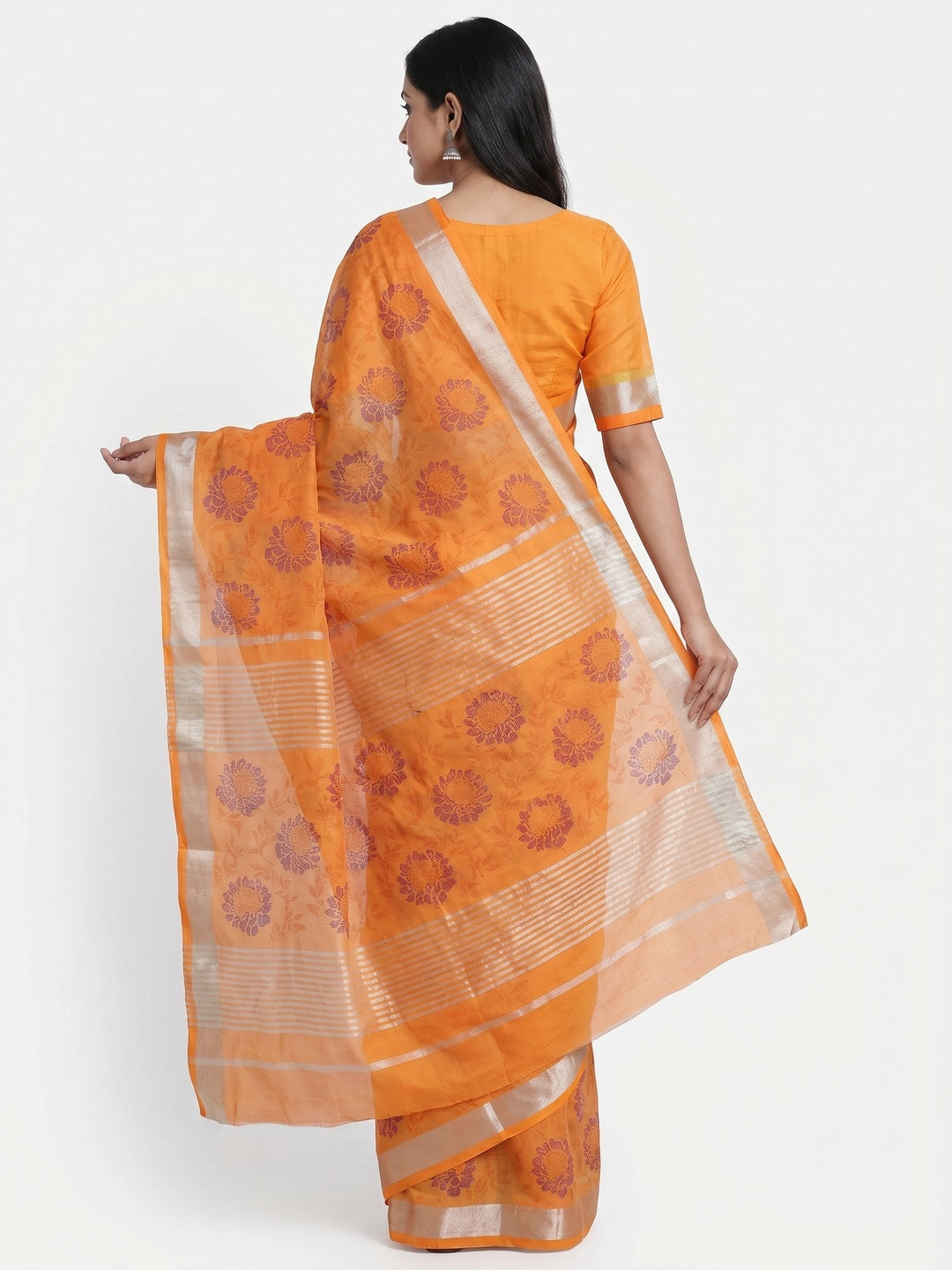 Orange Floral Block Printed Chanderi Saree - Image 2