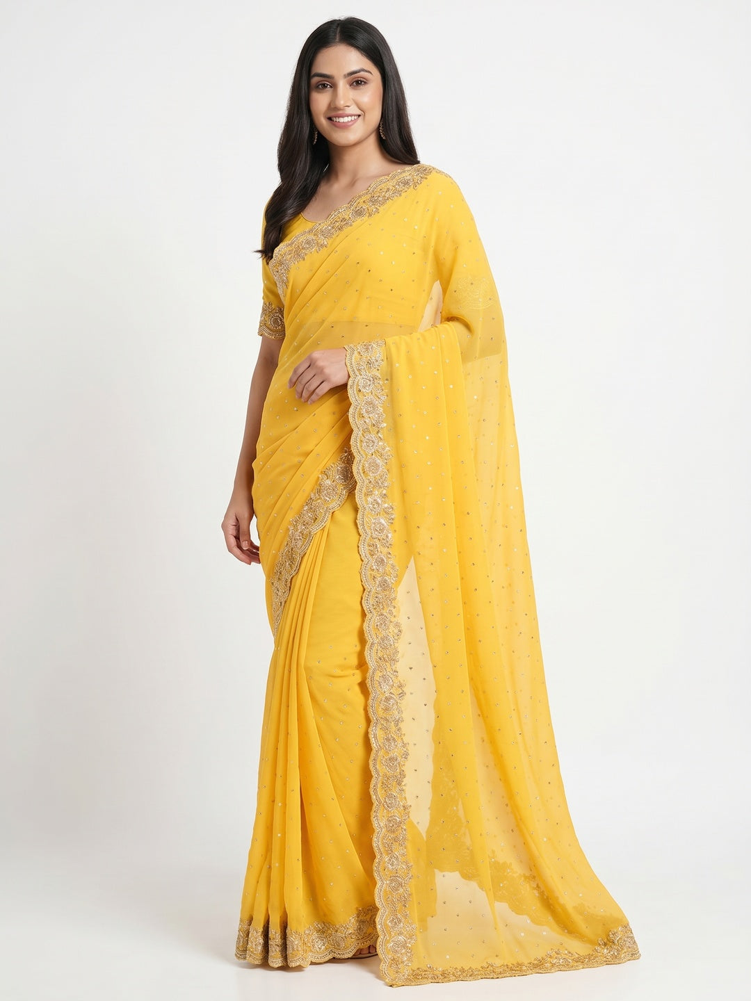 Yellow Floral Embroidered Chiffon Saree - Image 1