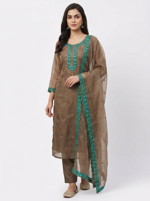 Brown Sequins Embroidered Organza Dress Material - Image 1