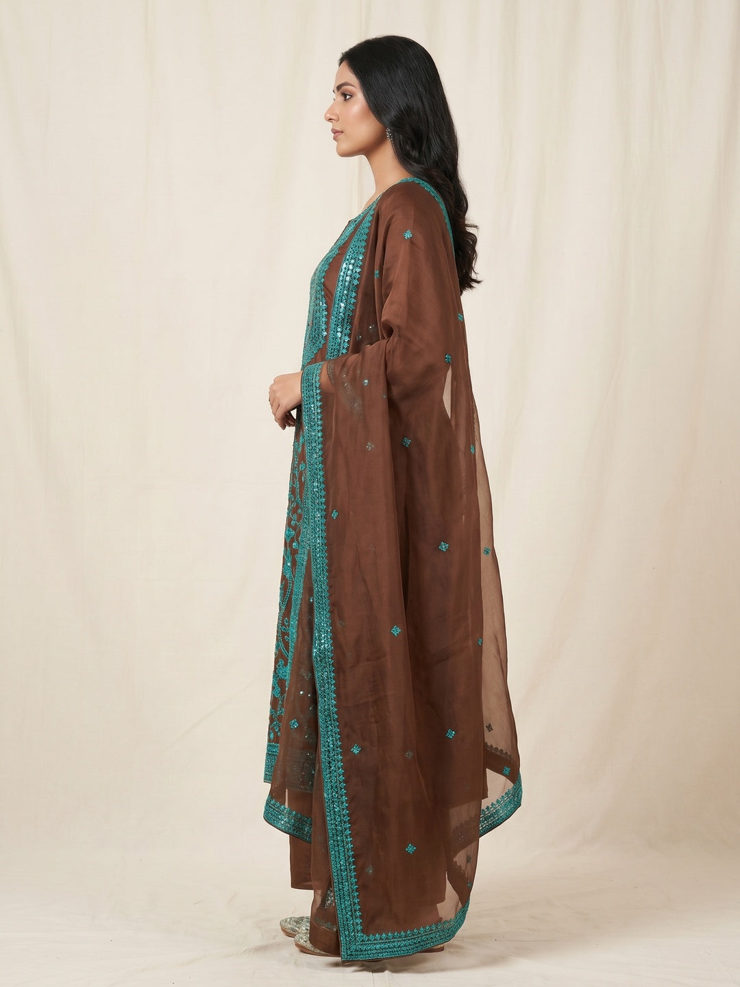 Brown Sequins Embroidered Organza Dress Material - Image 2
