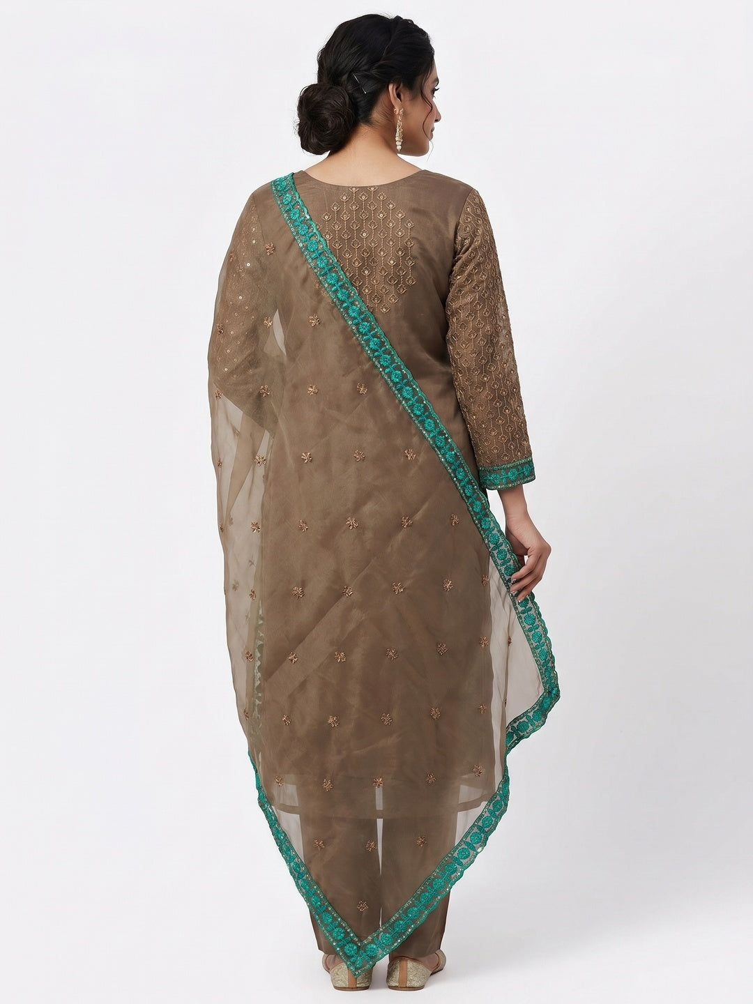 Brown Sequins Embroidered Organza Dress Material - Image 3
