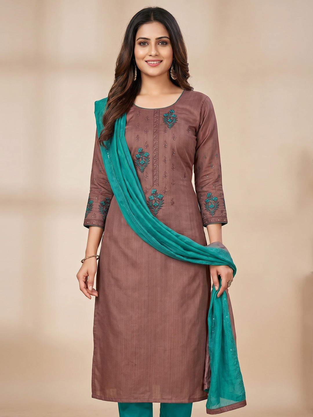 Brown Floral Embroidered Art Silk Dress Material - Image 2