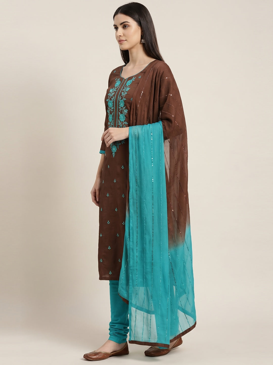Brown Floral Embroidered Art Silk Dress Material - Image 1