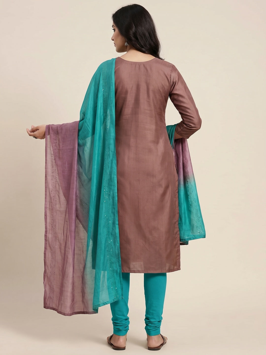Brown Floral Embroidered Art Silk Dress Material - Image 3
