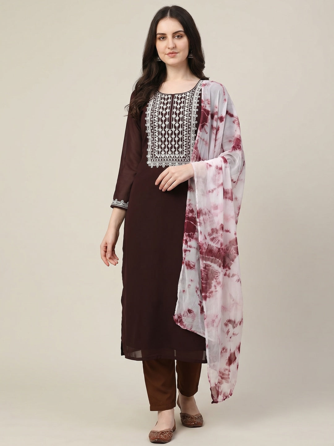 Coffee Floral Embroidered Georgette Dress Material - Image 3