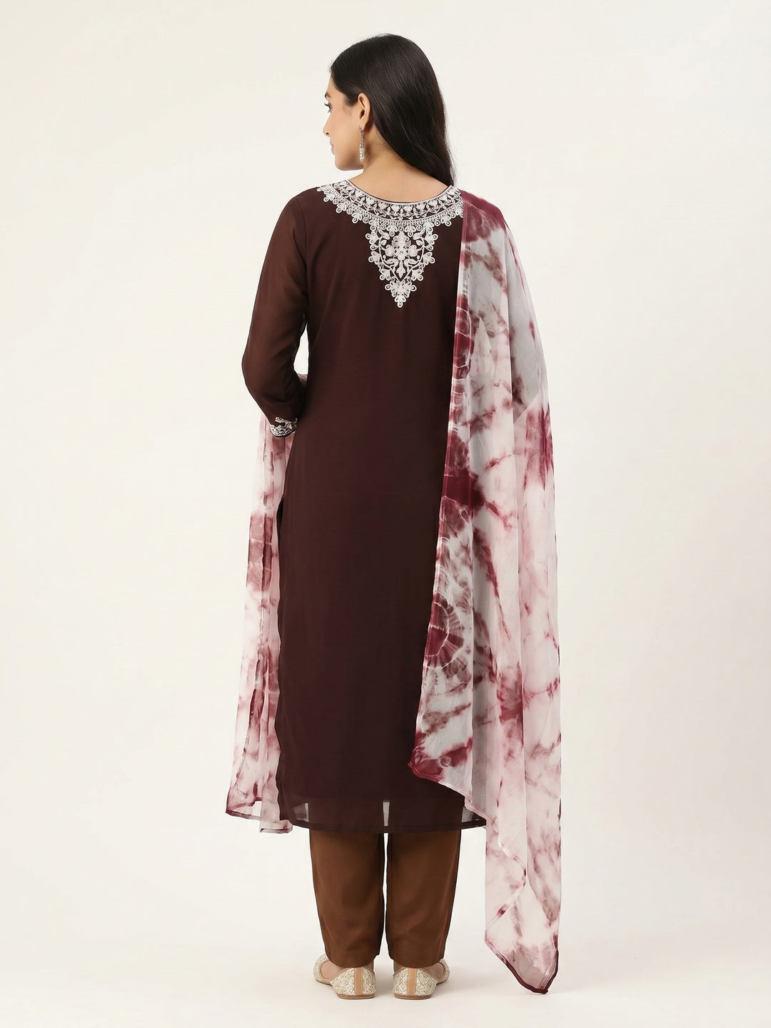 Coffee Floral Embroidered Georgette Dress Material - Image 2