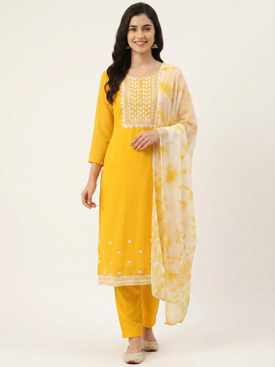 Yellow Floral Embroidered Georgette Dress Material - Image 2