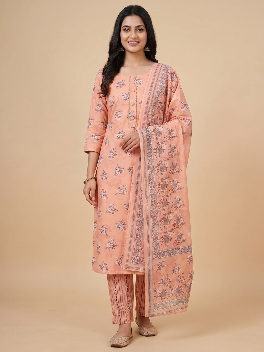 Orange Floral Printed Pure Cotton Dress Material - Image 1