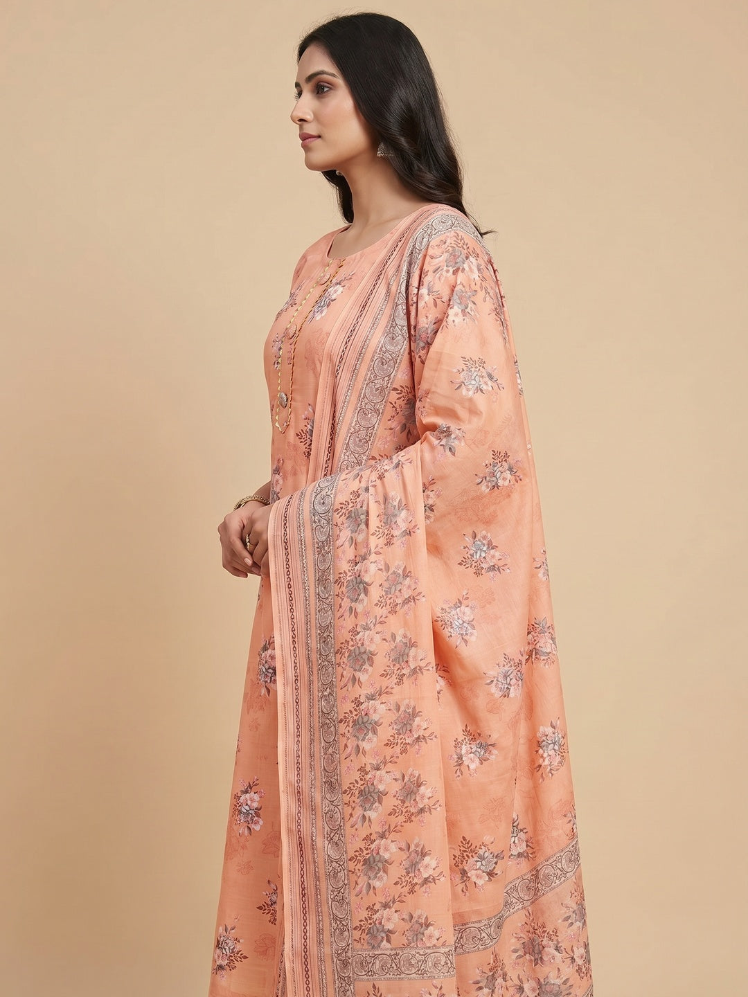 Orange Floral Printed Pure Cotton Dress Material - Image 3