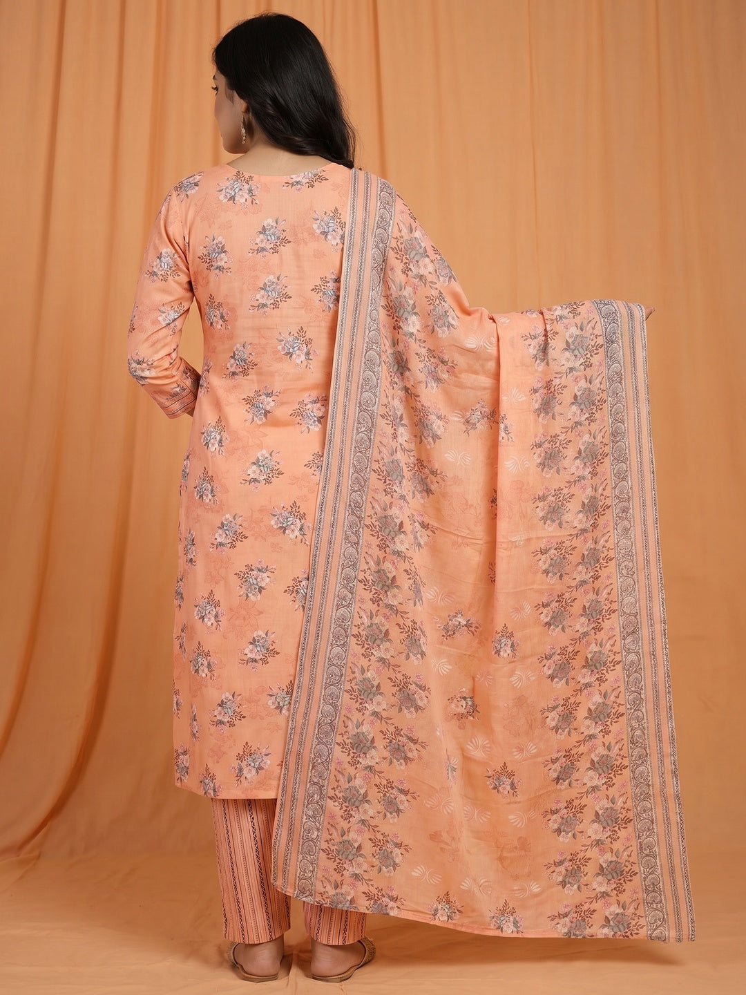 Orange Floral Printed Pure Cotton Dress Material - Image 2