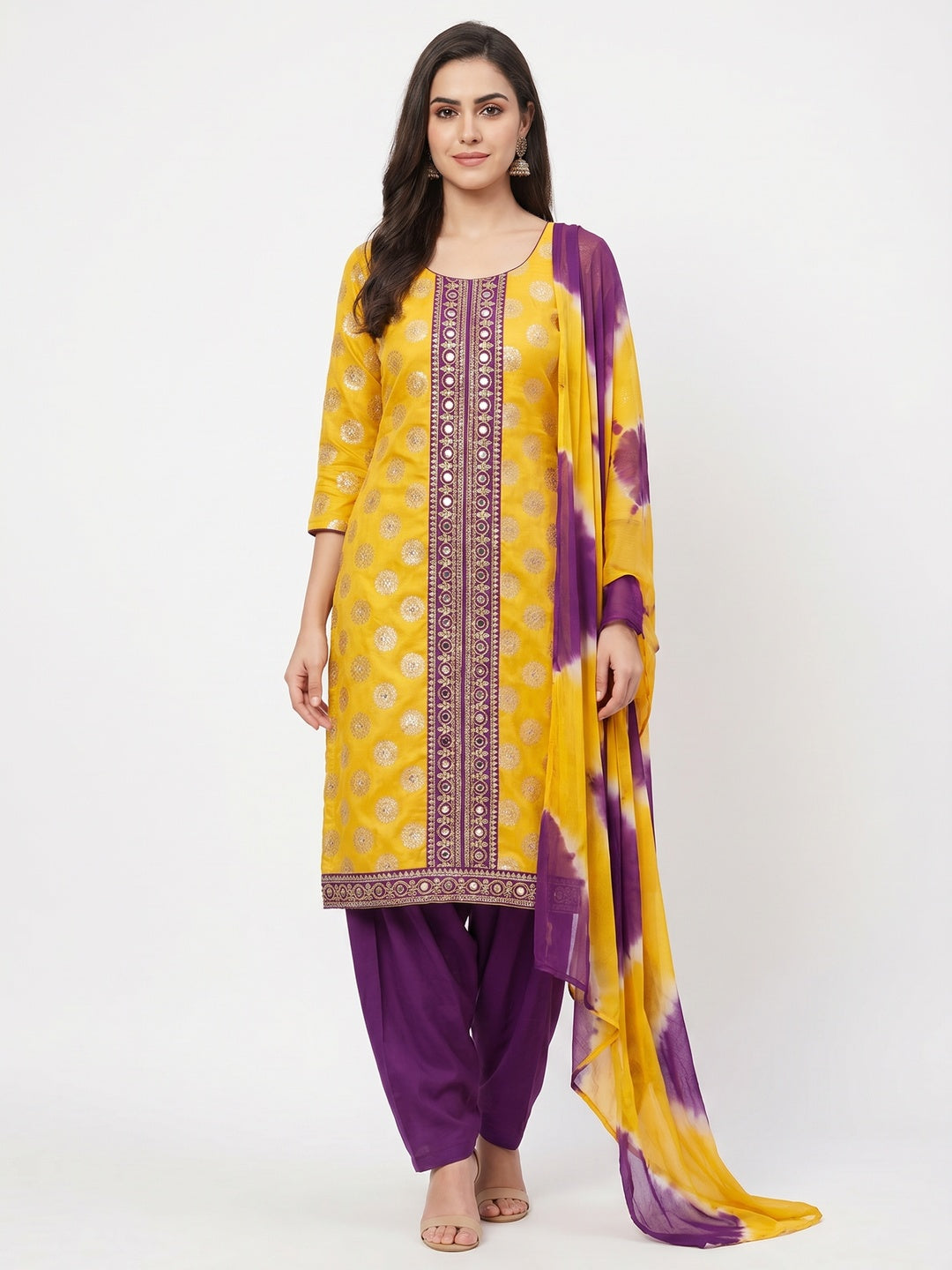 Yellow Woven Jacquard Dress Material - Image 1