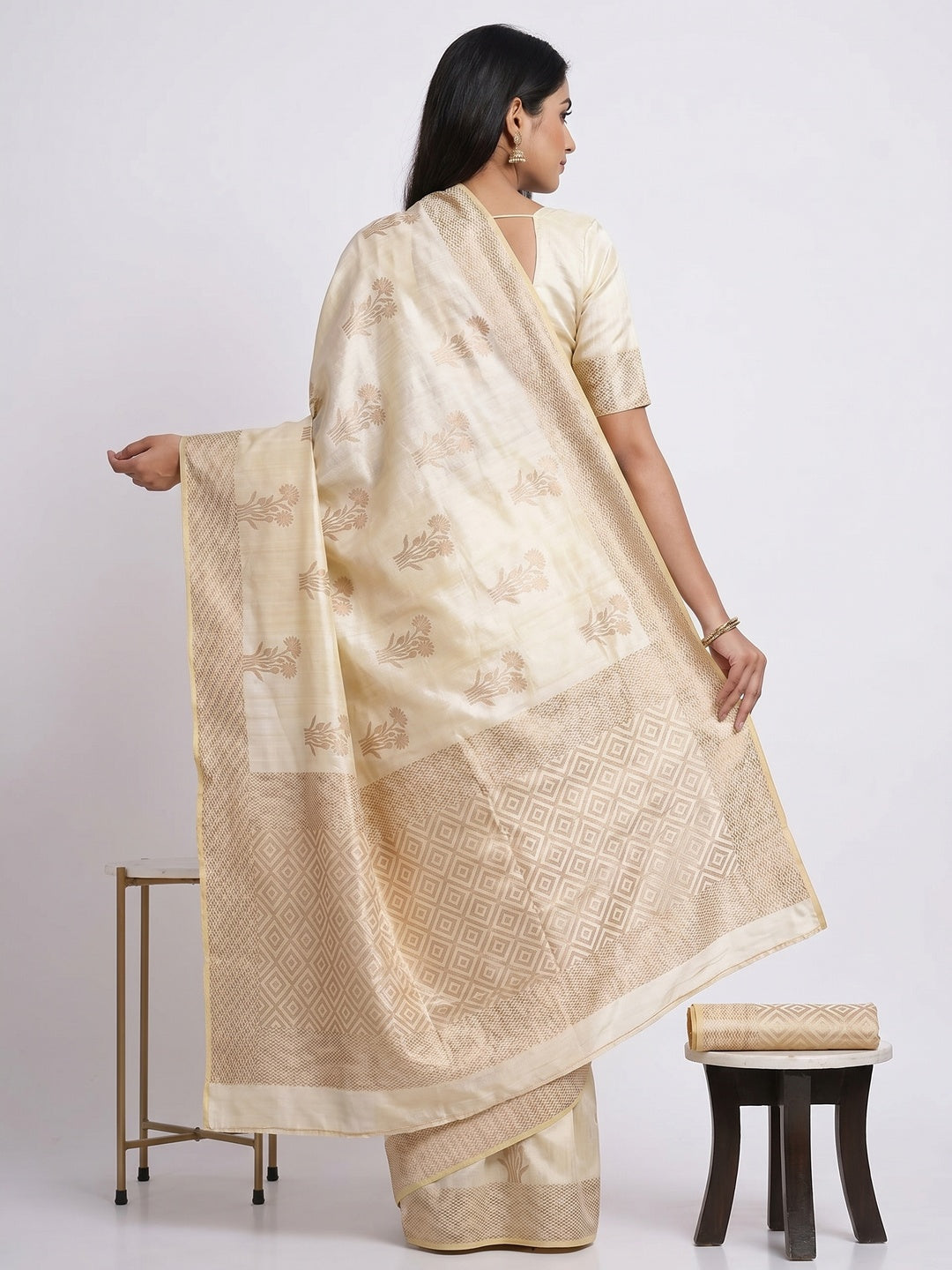 Offwhite Woven Raw Silk Saree - Image 3