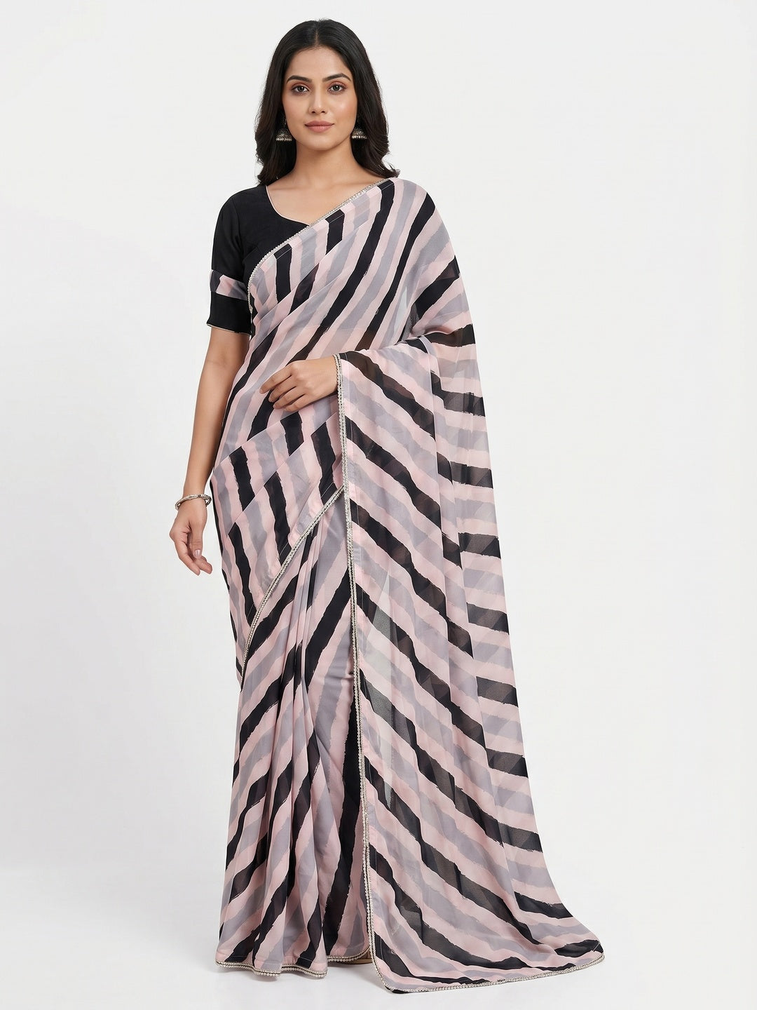 Pink-Black Printed Chiffon Saree - Image 1