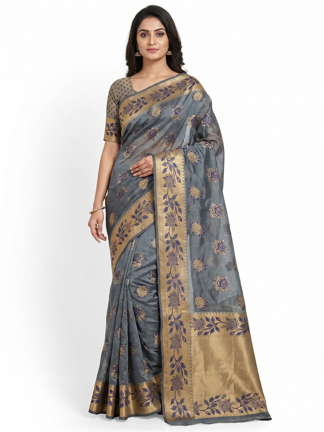 Grey Woven Organza Saree - Image 1